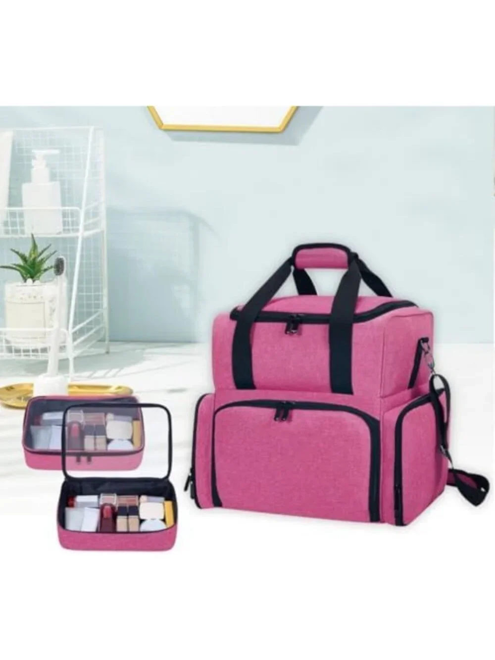 Spacious Red Makeup Bag with 2 Removable Cases - Perfect for Travel